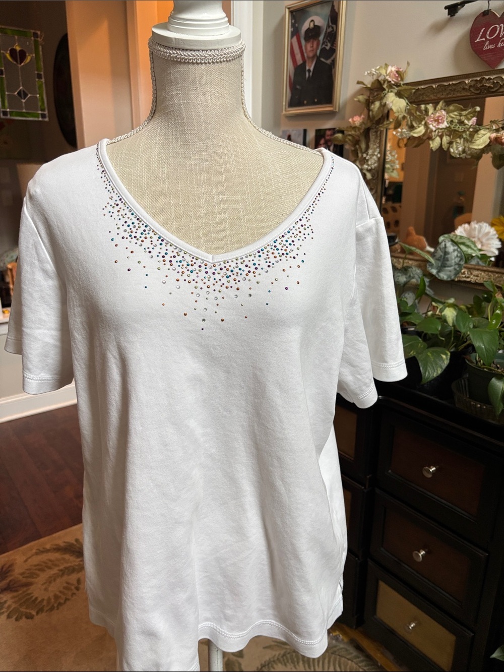 Quacker Factory White Short-Sleeve V-Neck Top with Decorative Rhinestones